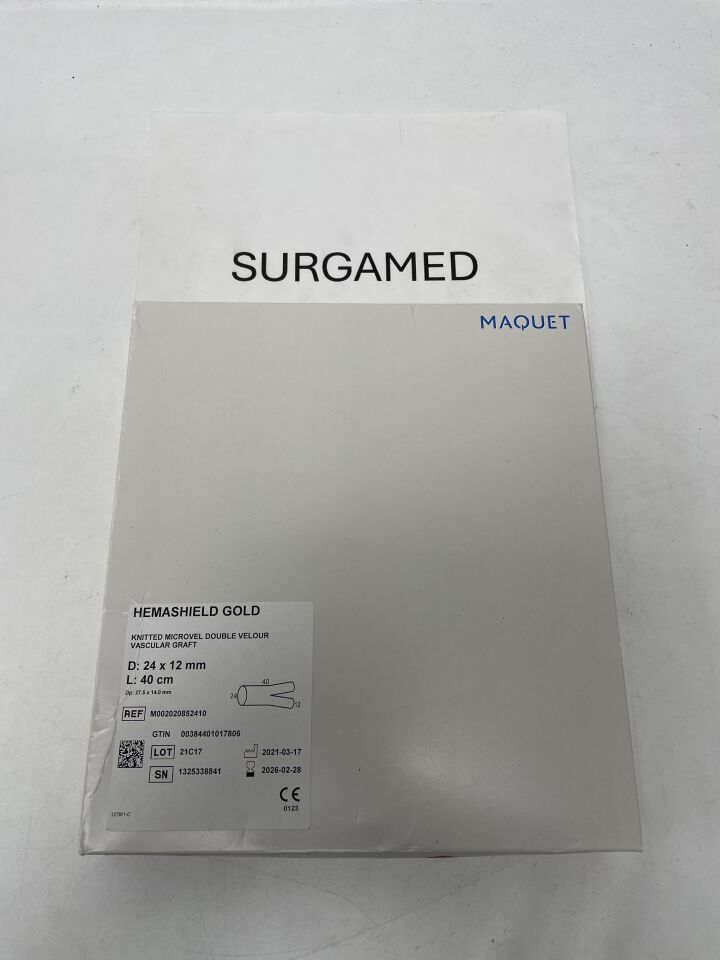M002020852410 - MAQUET - Hemashield Gold Knitted Microvel Double Velour Vascular Graft - Bifurcated - 24mm x 12mm x 40cm, (BX/1)