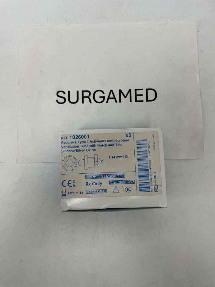 1026001 - MEDTRONIC - Paparella Ventilation Tube, Notch & Tab, Activent Silicone 1.14mm (Paired), (BX/5)