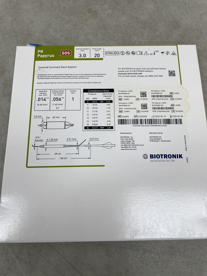 434894 - BIOTRONIK - Biotronik PK Papyrus Covered Coronary Stent 3.0mm x 20mm, 140cm, (BX/1)
