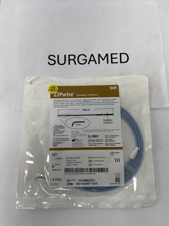 680223 - BOSTON SCIENTIFIC - ZipWire Hydrophilic guidewire, Stiff, Angled, 0.035" x 150cm, (EA)