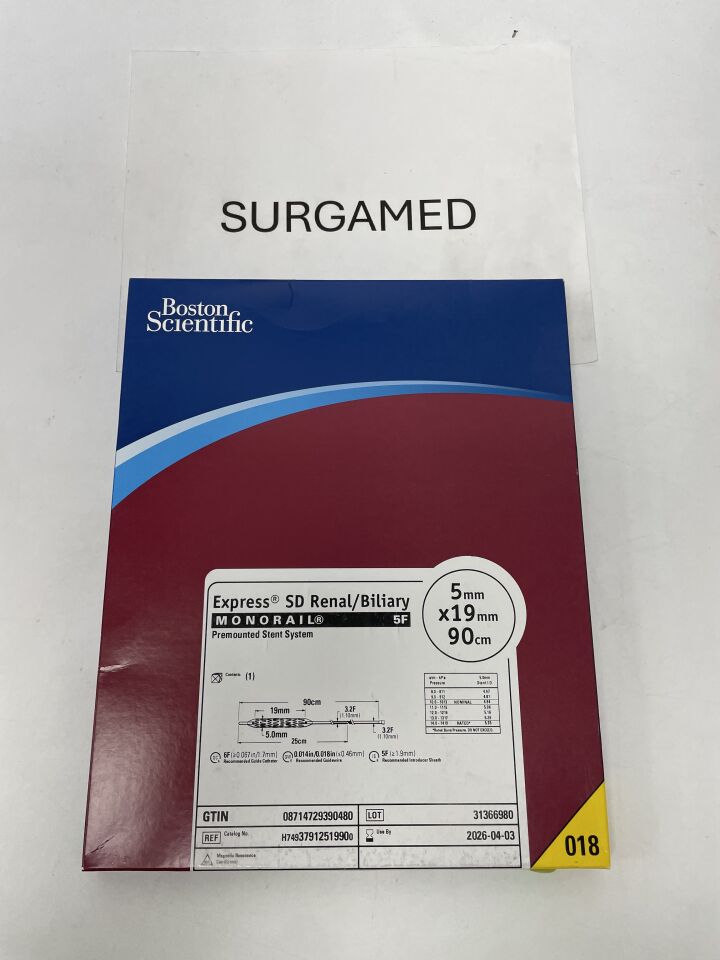 3791251990 - BOSTON SCIENTIFIC - Express SD Renal/Biliary Monorail Premounted Stent System 5F x 5mm 19mm x 90cm, (BX/1)