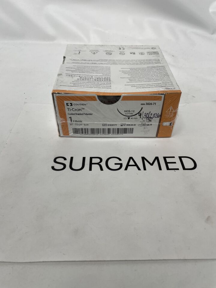 3026-71 - COVIDIEN - Ti-Cron Non-Absorbable Braided Polyester Suture, Size 1, 75 cm Length, HOS-12 Needle, (BX/36)