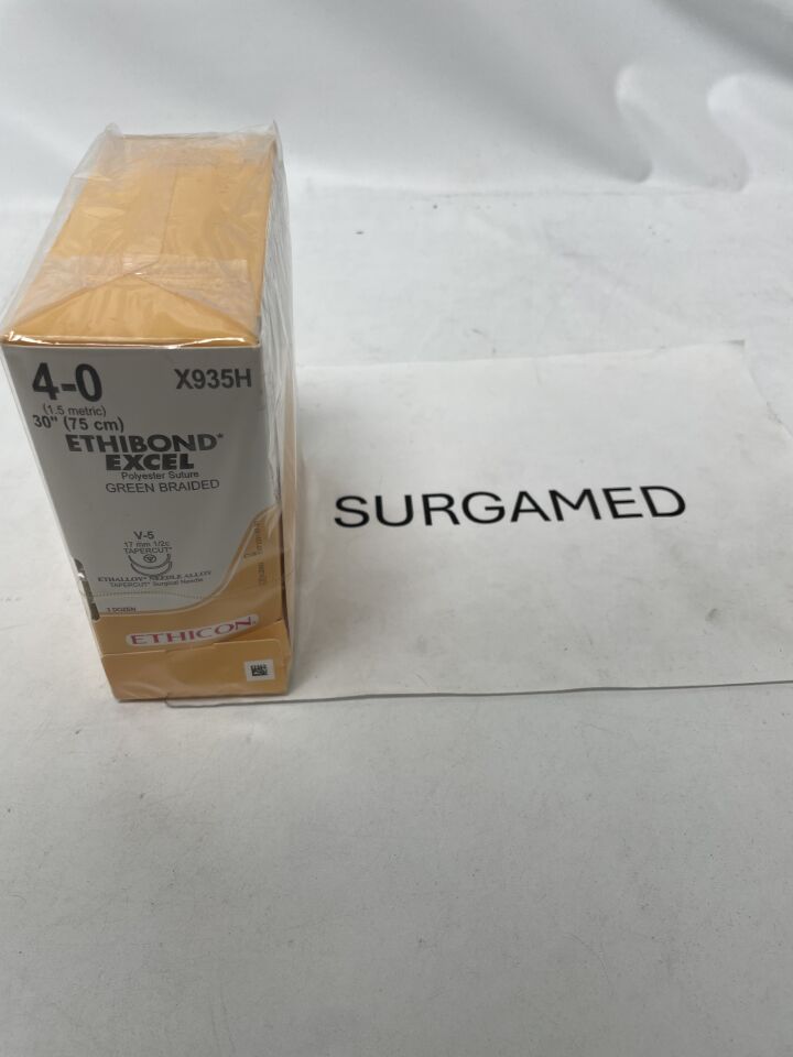 X935H - ETHICON - ETHIBOND EXCEL Polyester Suture, TAPERCUT, Non-Absorbable, V-5 17mm / V-5 ½ Circle, Green Braided 30" = 75cm, Size: 4-0, (BX/36)