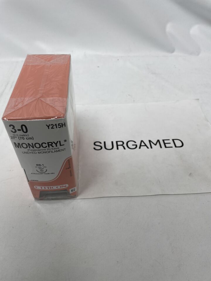 Y215H - ETHICON - Monocryl Absorbable Monofilament Poliglecaprone 25 Suture, Size 3-0, 27 in. Length, RB-1 Needle, (BX/36)
