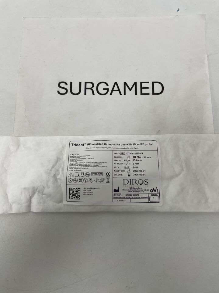 DTR-018/150/5 - DIROS - Trident Hybrid RF Insulated Cannula, 18G x 5mm, 150mm (For 15cm Probe), (EA)