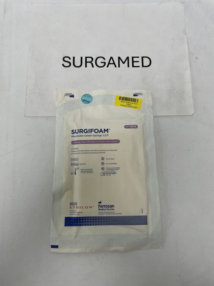 1974 - ETHICON - SURGIFOAM Absorbable Gelatin Sponge, size 100, 8cm x 12.5cm x 1cm, (EA)