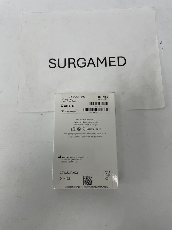 CT LUCIA 602.US/+10.5D - ZEISS - CT Lucia 3 Piece Monofocal Hydrophobic Acrylic Intraocular Lens, +10.5D, (BX/1)