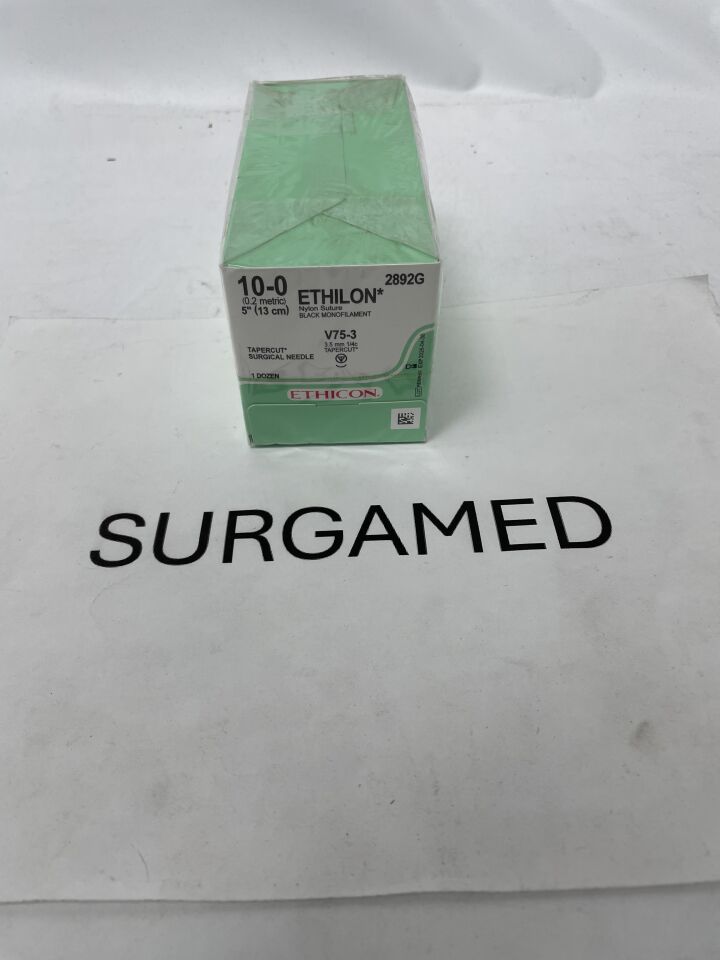2892G - ETHICON - ETHILON Nylon Suture, TAPERCUT, Non-Absorbable, V75-3 3.5mm ¼ Circle, Black Monofilament 5" = 13cm, Size: 10-0, (BX/12)