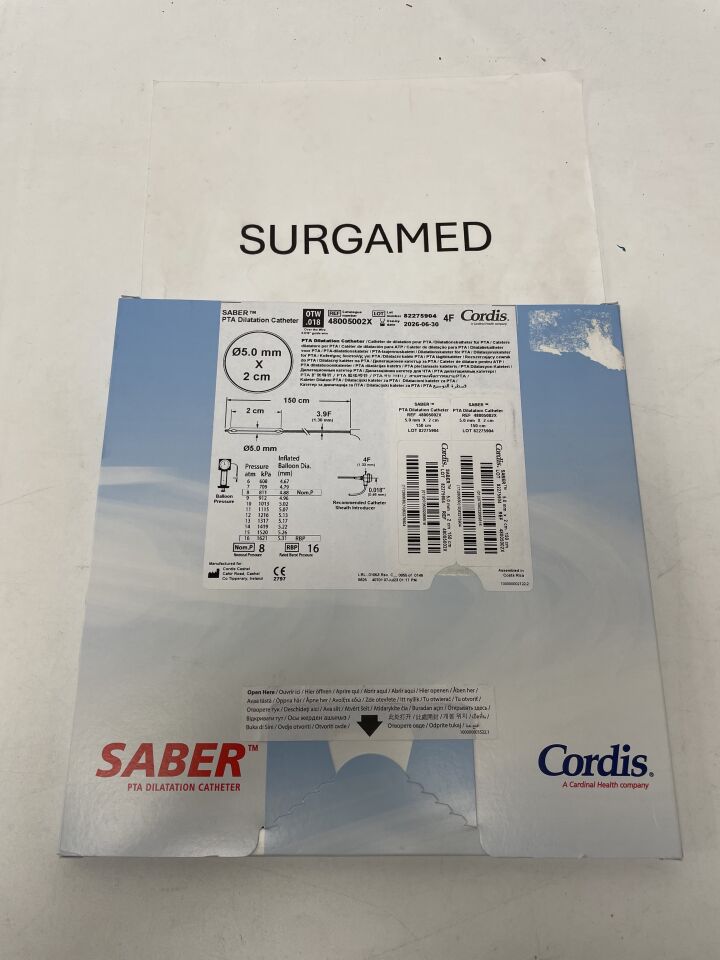 48005002X - CORDIS - SABER .018" OTW PTA Dilatation Catheter - 5mm x 2cm x 150cm, (BX/1)
