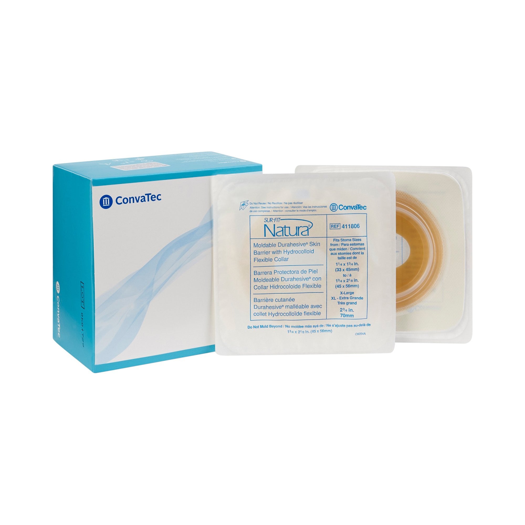 581628 - Sur-Fit Natura - Ostomy Barrier Sur-Fit Natura Durahesive Moldable, Extended Wear Hydrocolloid Tape 70 mm Flange Sur-Fit Natura System Hydrocolloid 1-3/4 to 2-1/8 Inch Opening 411806 Box of 10, (BX)