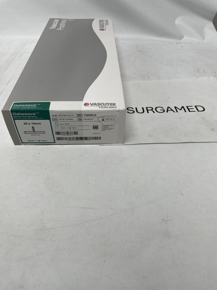 732026/10 - TERUMO - Vascutek Gelweave Ante-Flo Vascular Graft - 26mm x 10mm, 20cm/15cm, (BX/1)