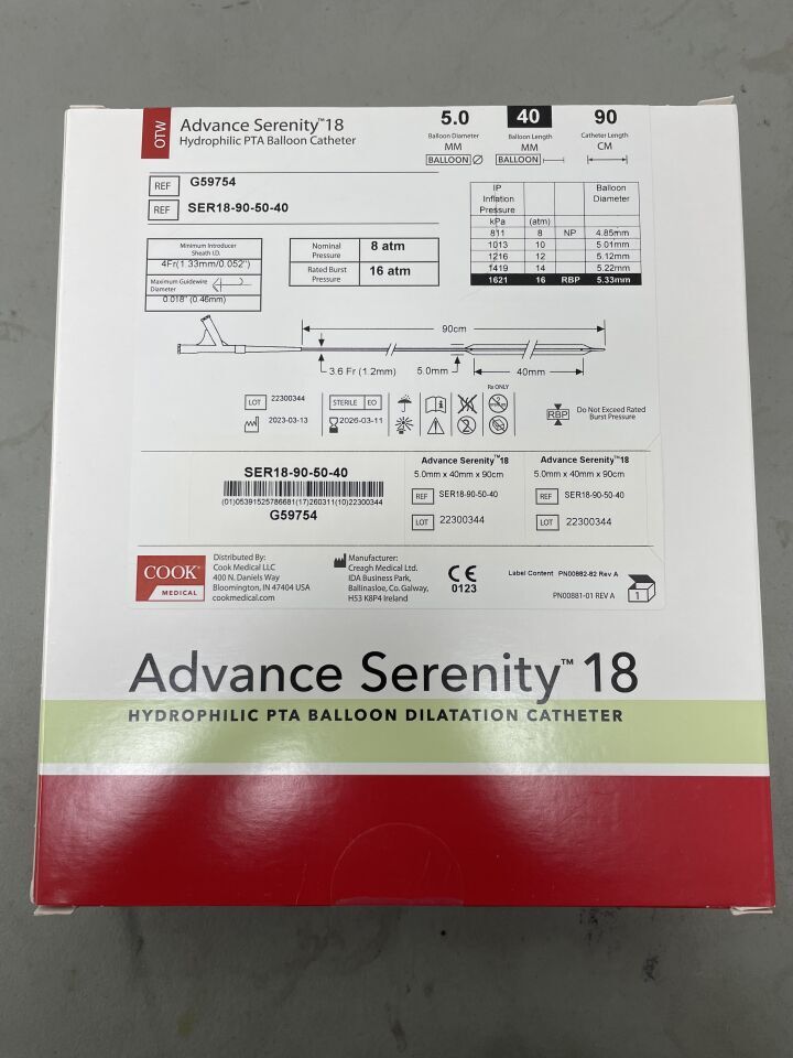 G59754 - COOK - Advance Serenity 18 Hydrophilic PTA Balloon Catheter - OTW- 5.0mm x 40mm x 90cm, (BX/1)