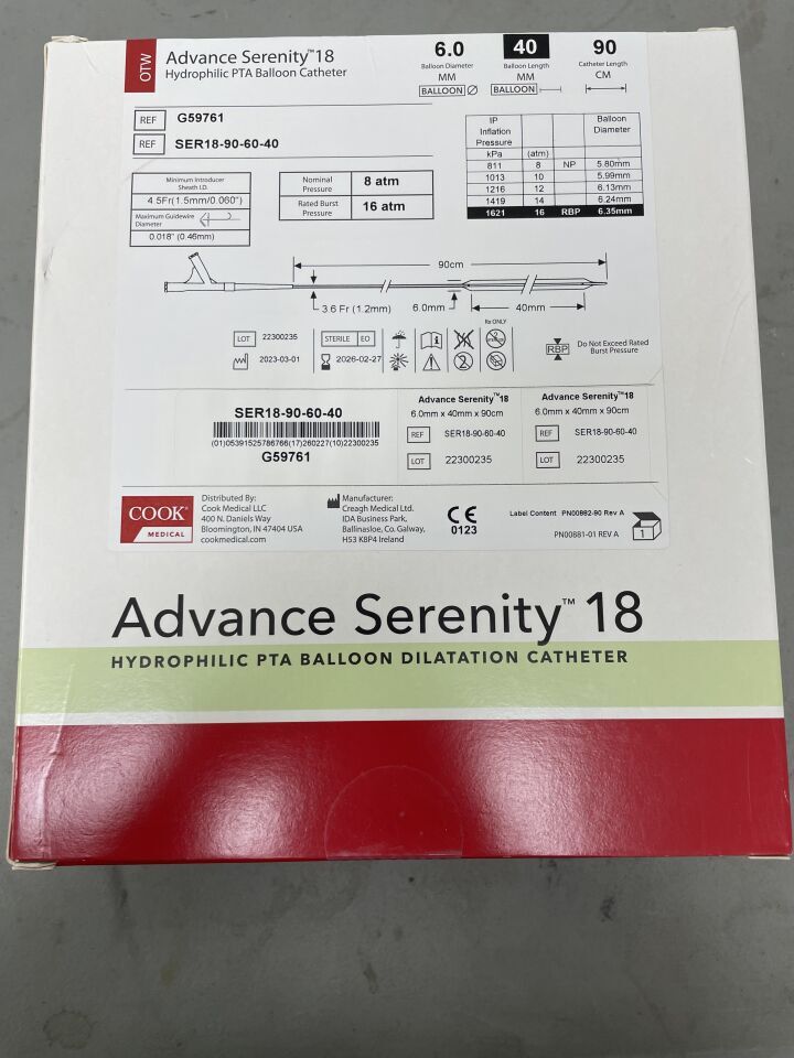 G59761 - COOK - Advance Serenity 18 Hydrophilic PTA Balloon Catheter - OTW- 6.0mm x 40mm x 90cm, (BX/1)