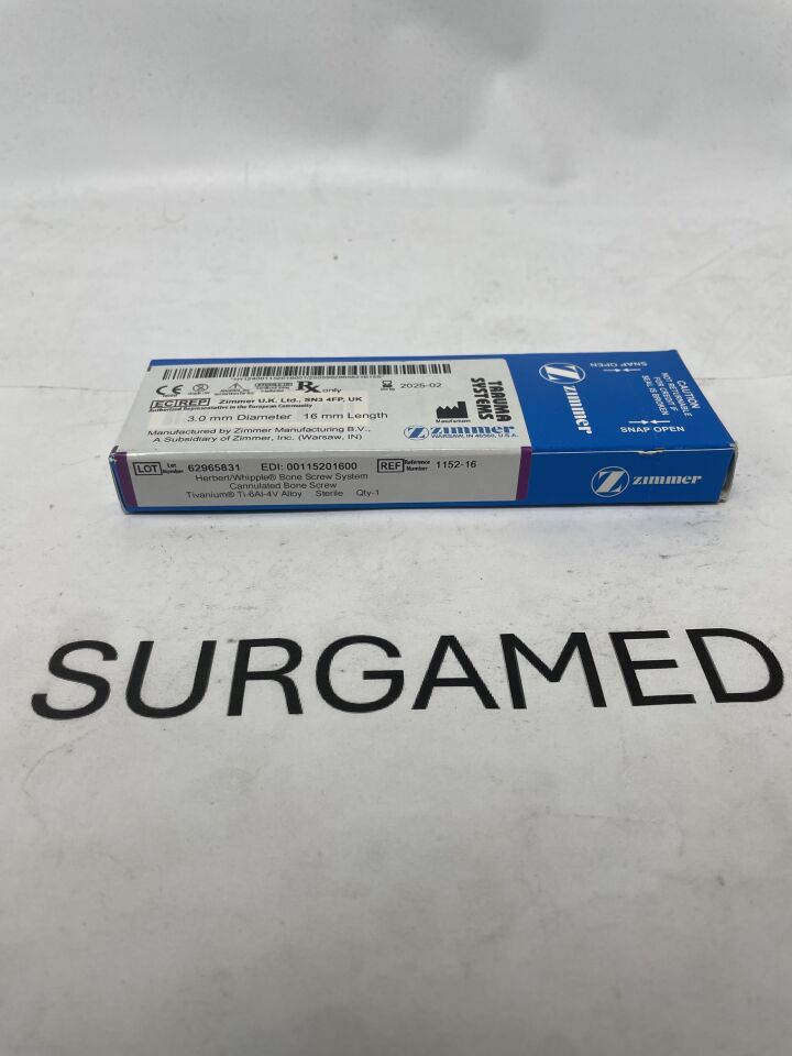 1152-16 - ZIMMER - Herbert/Whipple Bone Screw System, Cannualted bone screw, 3.0mm diameter, 16mm length, (BX/1)
