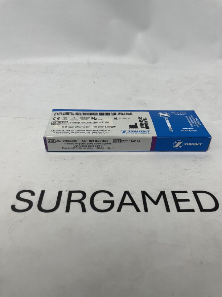 1152-18 - ZIMMER - Herbert/Whipple Bone Screw System, Cannualted bone screw, 3.0mm diameter, 18mm length, (BX/1)
