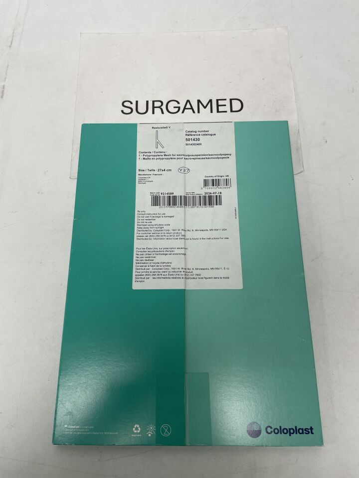 501430 - COLOPLAST - Restorelle Y Mesh, Polypropylene, 27cm x 4cm, (BX/1)