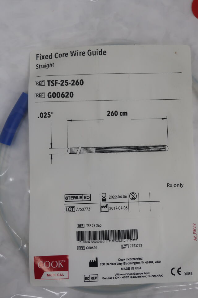 G00620 - COOK - Straight Tip Fixed Core Wire Guide, 0.025 in. dia. x 260 cm Length, (EA)