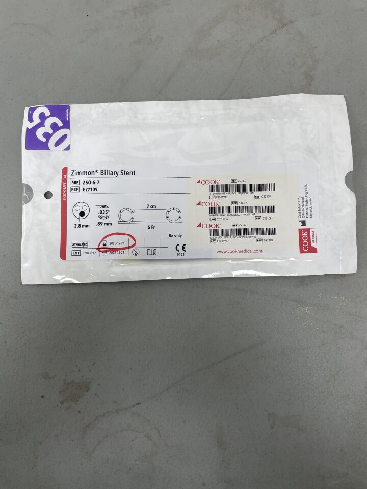 G22109 - COOK - Zimmon Biliary Stent Only 6F x 7cm, (EA)