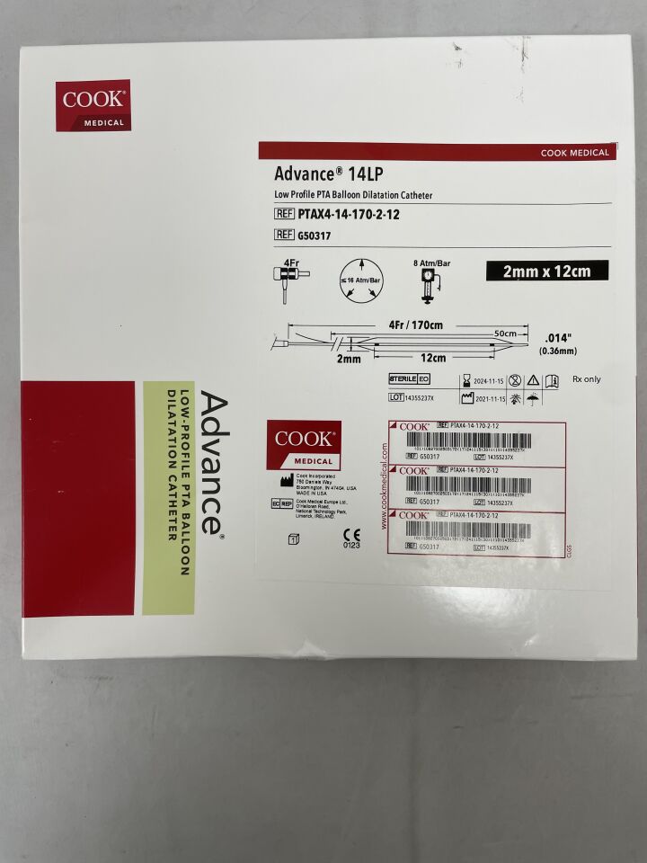 G50317 - COOK - Advance 14LP Low-Profile PTA Balloon Dilatation Catheter - PTAX4-14-170-2-12 - 2mm x 12cm x 170cm, (BX/1)