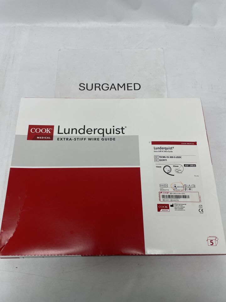 G53971 - COOK - Lunderquist Extra Stiff Wire Guide, Extended Curve 0.035" x 300cm, (BX/5)