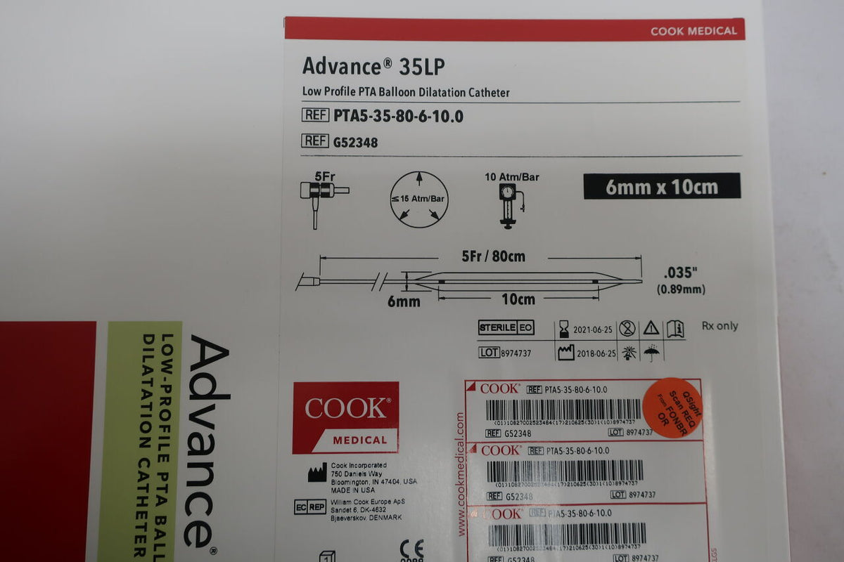 G52348 - COOK - Advance 35LP Low profile PTA Balloon Dilation Catheter 6mm x 10 cm, (BX/1)