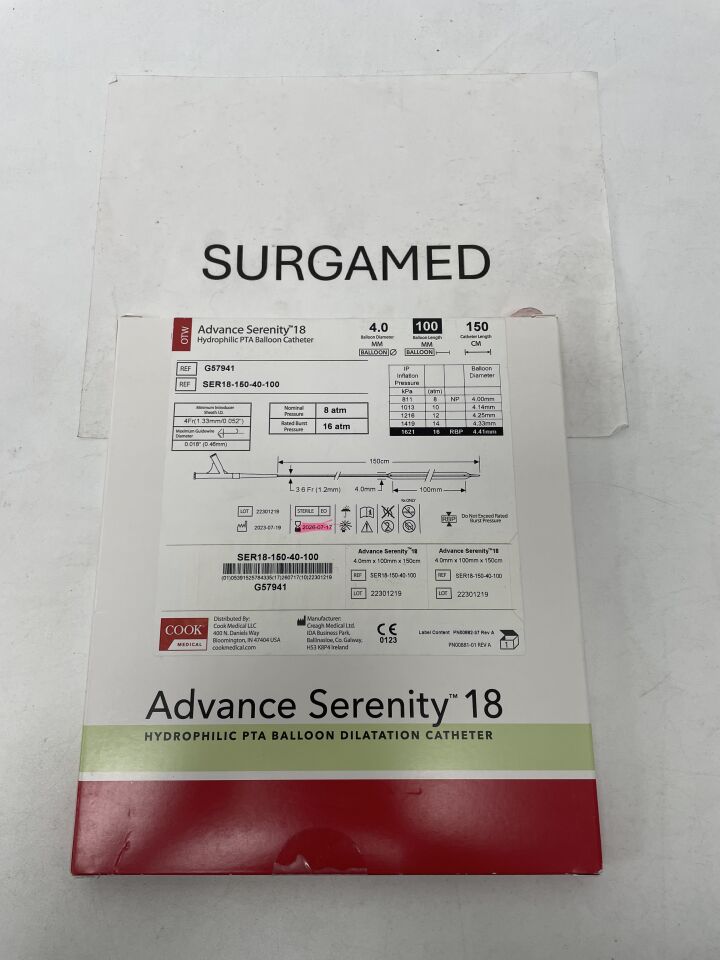 G57941 - COOK - Advance Serenity 18 Hydrophilic PTA Balloon Dilatation Catheter - 4mm x 10cm x 150cm, (BX/1)