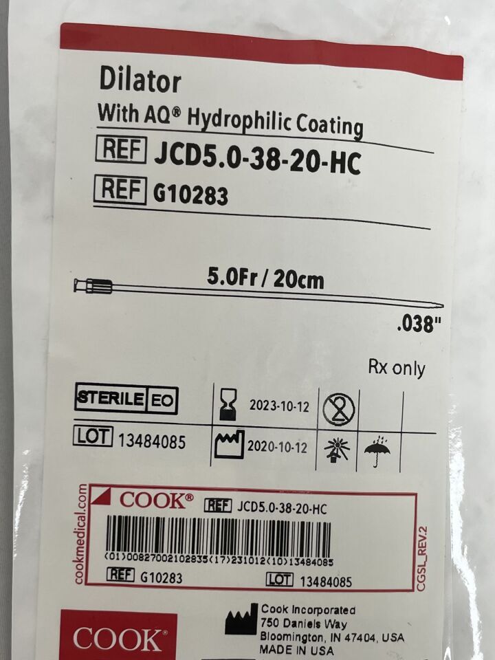G10283 - COOK - Dilator with Hydrophilic Coating 5F x 20cm, 0.038", (EA)