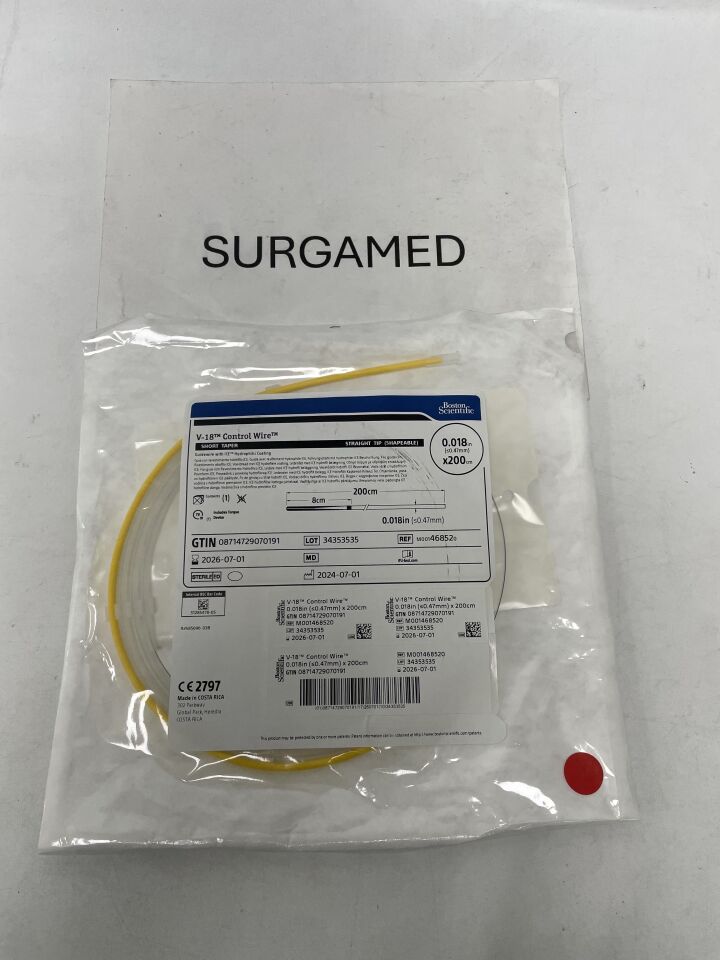 46852 - BOSTON SCIENTIFIC - V-18 Control Wire with ICE Hydrophilic Coating - Short Taper, Straight Tip (Shapeable) Guidewire - .018" x 200cm, (EA)