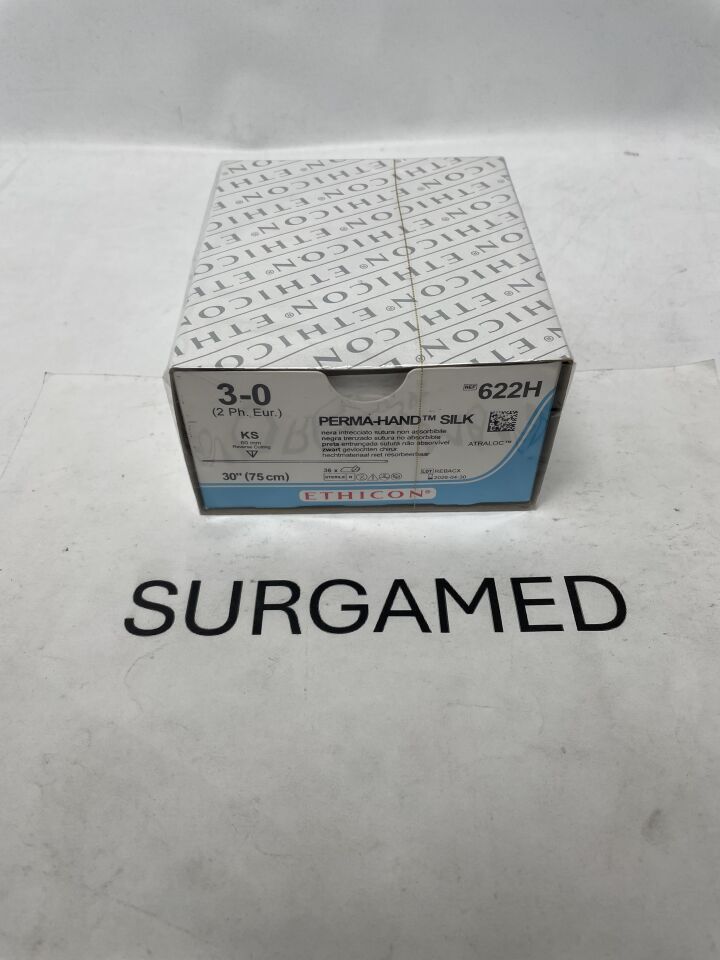 622H - ETHICON - Perma-Hand Non-Absorbable Braided Silk Suture, Size 3-0, 30 in. Length, KS Needle, (BX/36)
