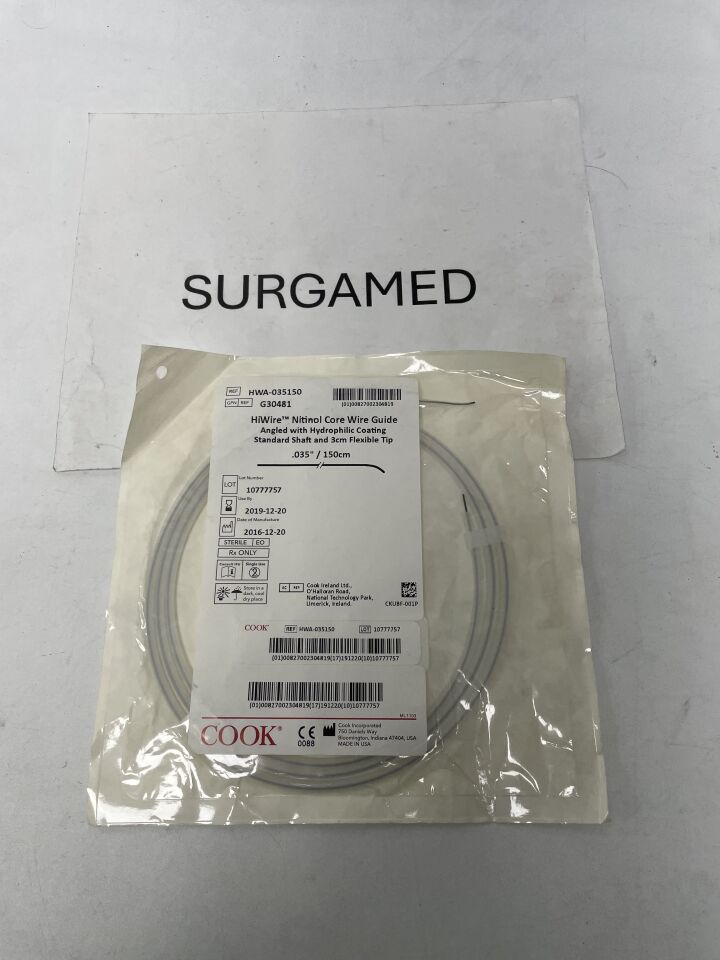 G30481 - COOK - HiWire Standard-Body Angled Tip Nitinol Core Wire Guide, 0.035 in. dia. x 150 cm Length, (EA)