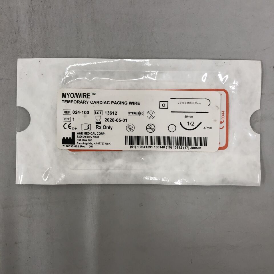 024-100 - A&E MEDICAL - Myo/Wire Temporary Cardiac Pacing Wire Size 2-0, 89mm Snap-Off Keith & 1/2c, 37mm Taper Needle, (EA)