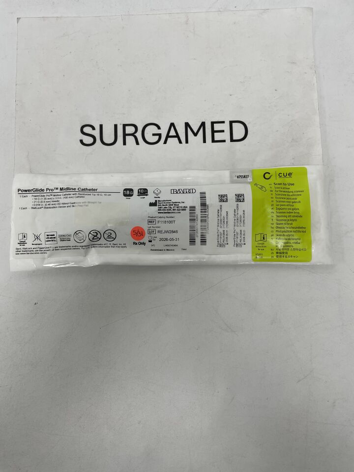 F118100T - BARD - PowerGlide Pro Midline Catheter w/Reinforced Tip, Basic Tray 18G x 10cm, (EA)