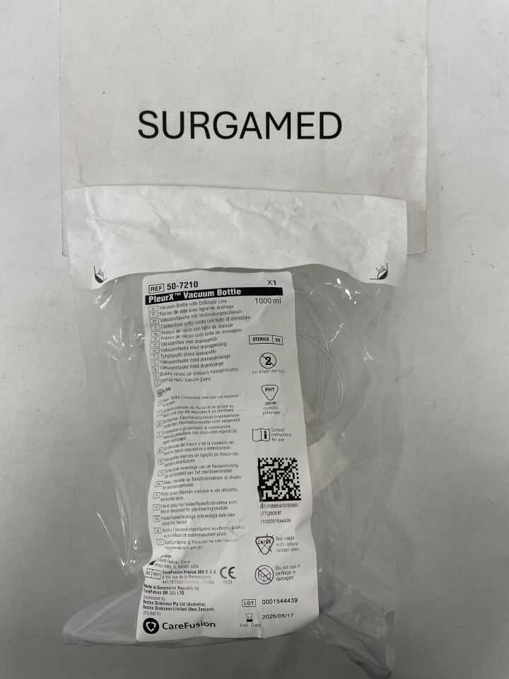 50-7210 - CAREFUSION - PleurX 1000ml Vacuum Bottle w/Drainage Line, (EA)