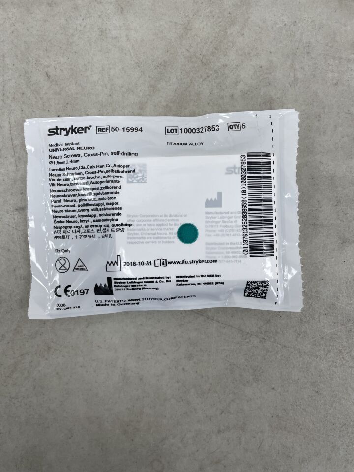 50-15994 - STRYKER - Universal Neuro Screws, Cross-Pin, Self Drilling, 1.5 x 4mm (5 Per Pack), (EA)