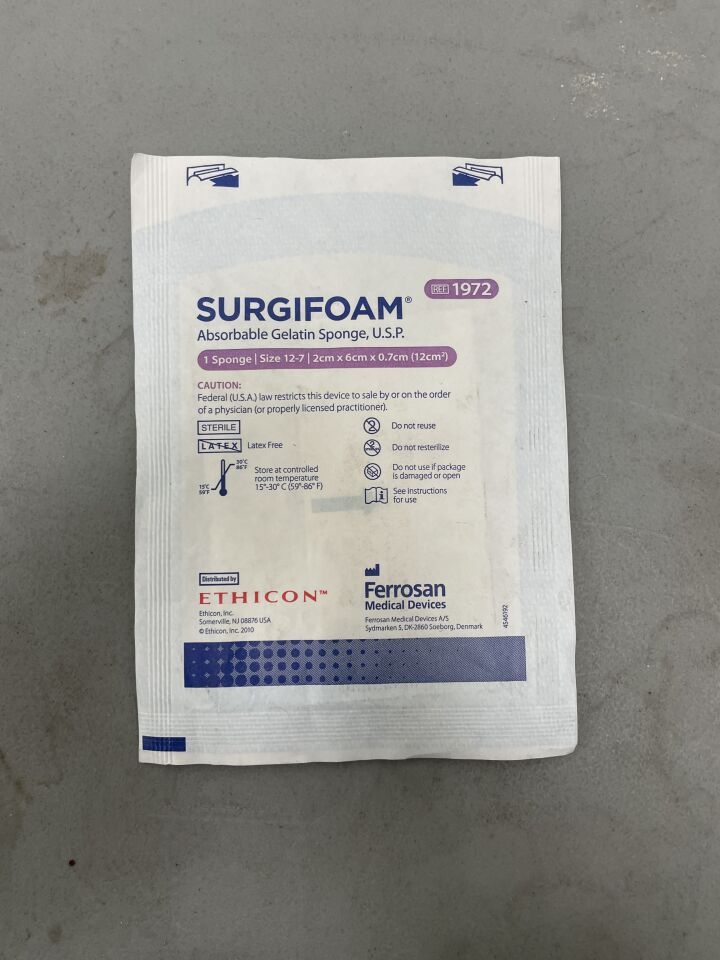 1972 - ETHICON - Surgifoam, Absorbable Gelatin Sponge, size 12-7, 2cm x 6cm x 0.7cm, (EA)