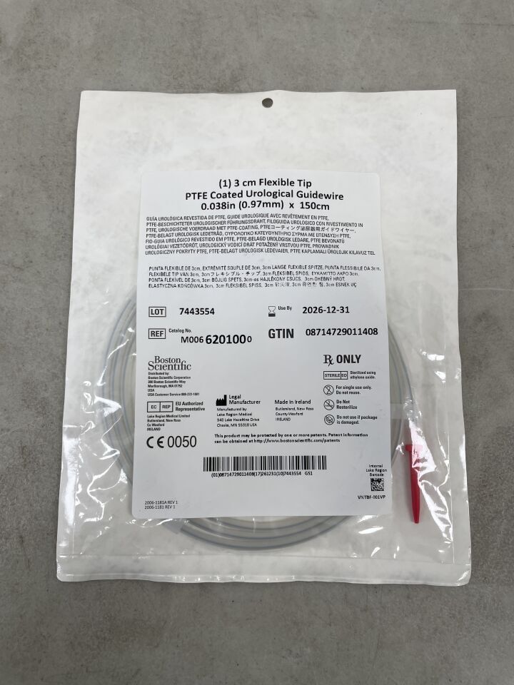 620100 - BOSTON SCIENTIFIC - PTFE Coated Urological Guidewire - Flexible Tip - .038" x 150cm | Full catalog ref: M0066201000 | Short ref: 620100, (EA)