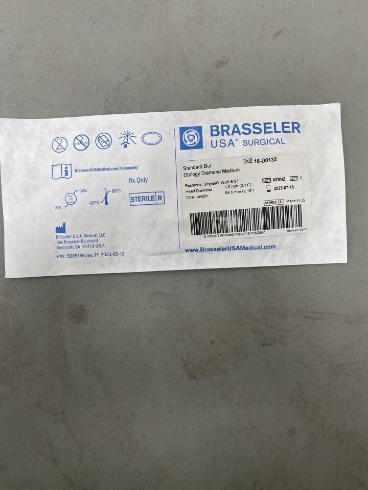 16-D0132 - BRASSELER - Standard Bur Otology Diamond Medium, 3 x 3mm, (EA)