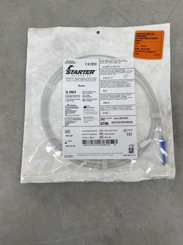 49156 - BOSTON SCIENTIFIC - Starter Guidewire Rosen .035", 1.5mm J, 4cm, 180cm | Full catalog ref: M001491560 | Short ref: 49156, (EA)