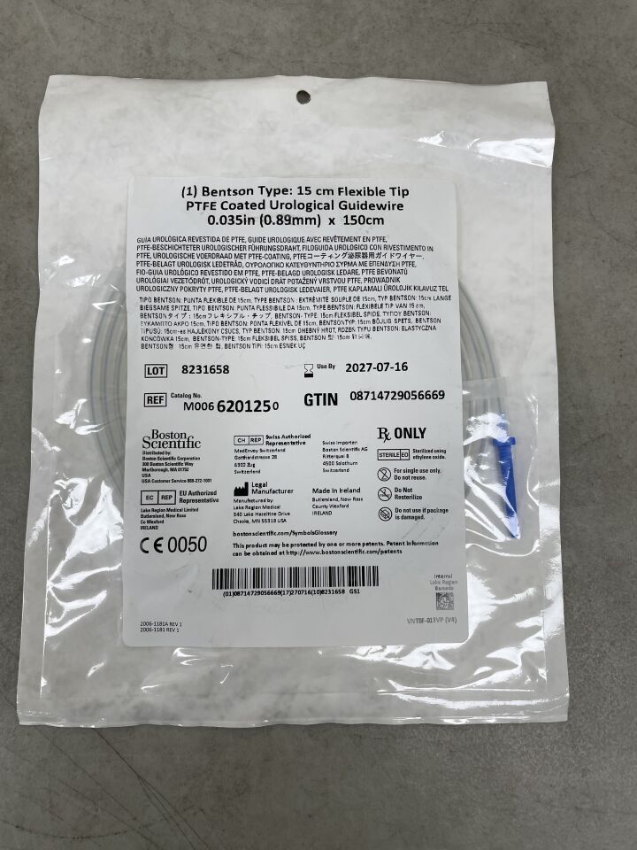 620125 - BOSTON SCIENTIFIC - BENTSON TYPE: 15CM FLEXIBLE TIP PTFE COATED UROLOGICAL GUIDEWIRE, 0.035" (0.89MM) X 150CM | Full catalog ref: M0066201250 | Short ref: 620125, (EA)