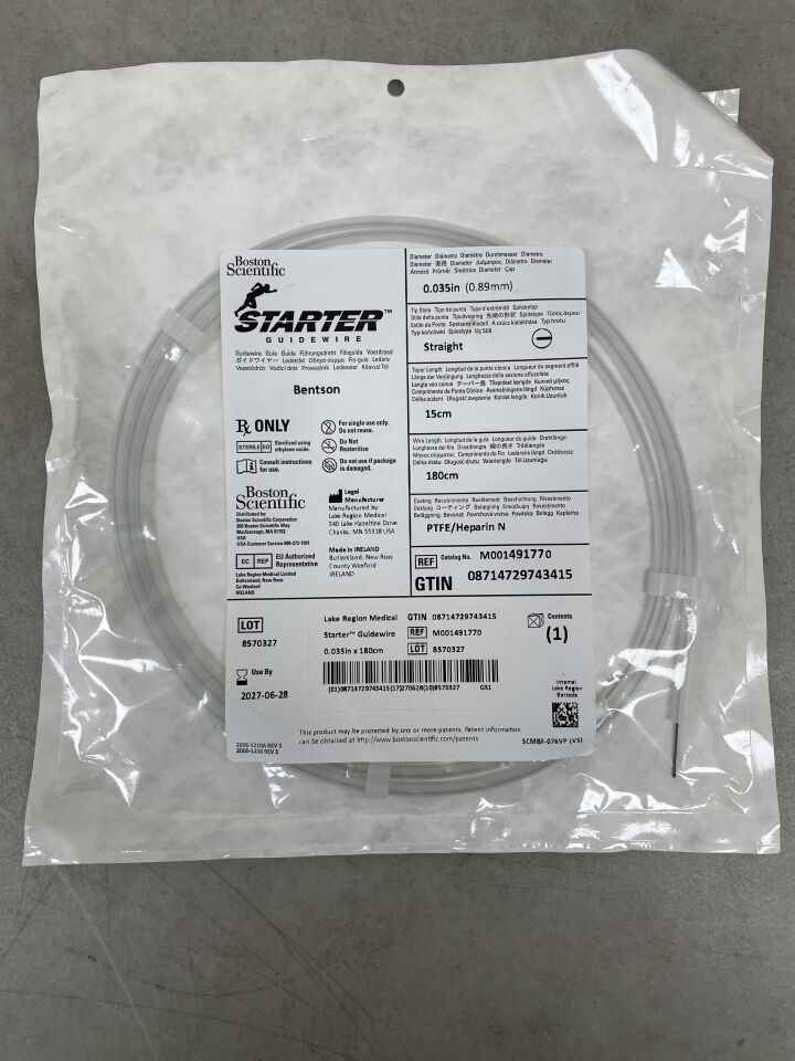 49177 - BOSTON SCIENTIFIC - Starter Guidewire Bentson .035", Straight, 15cm, 180cm, PTFE Heparin | Full catalog ref: M001491770 | Short ref: 49177, (EA)