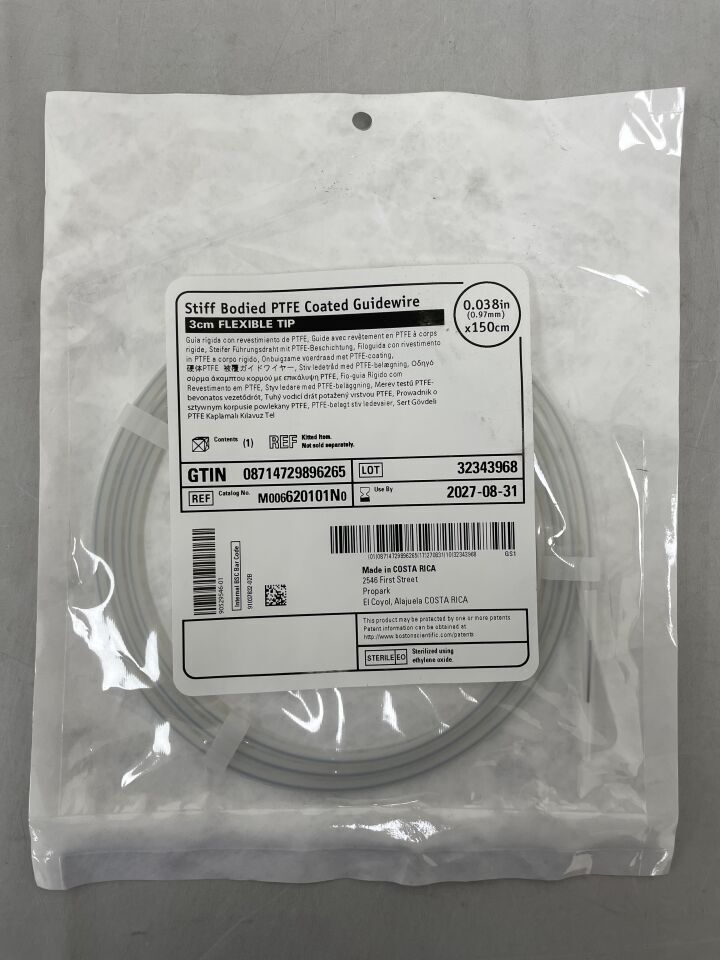 620101N - BOSTON SCIENTIFIC - Stiff Bodied PTFE Coated Guidewire, 3cm tip, 0.038inx150cm | Full catalog ref: M006620101N0 | Short ref: 620101N, (EA)