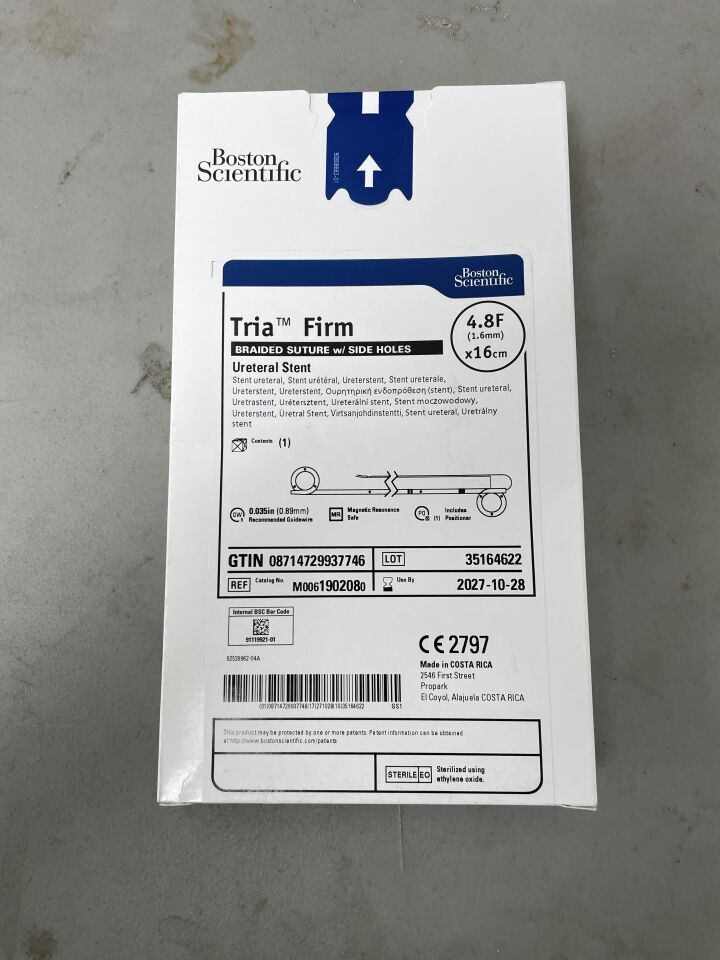 190208 - BOSTON SCIENTIFIC - Tria Firm Ureteral Stent with Side Holes - 4.8Fr x 16cm | Full catalog ref: M0061902080 | Short ref: 190208, (BX/1)