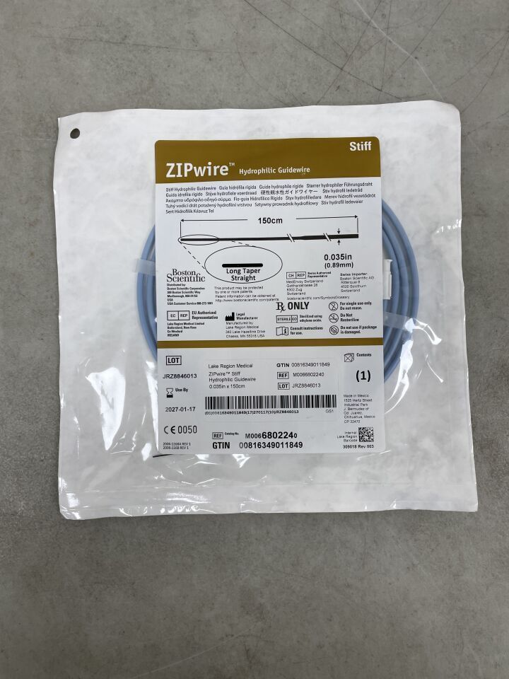 680224 - BOSTON SCIENTIFIC - ZIPwire Hydrophilic Guidewire - Stiff, Straight - .035" x 150cm | Full catalog ref: M0066802240 | Short ref: 680224, (EA)
