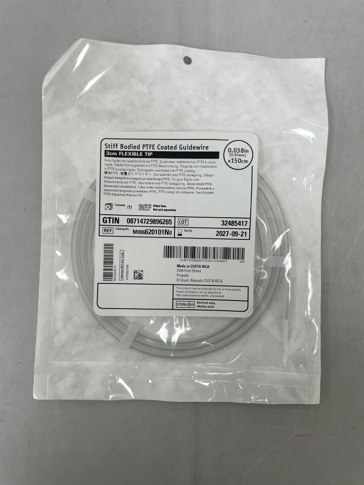 620101N - BOSTON SCIENTIFIC - Stiff Bodied PTFE Coated Guidewire, 3cm tip, 0.038inx150cm | Full catalog ref: M006620101N0 | Short ref: 620101N, (EA)