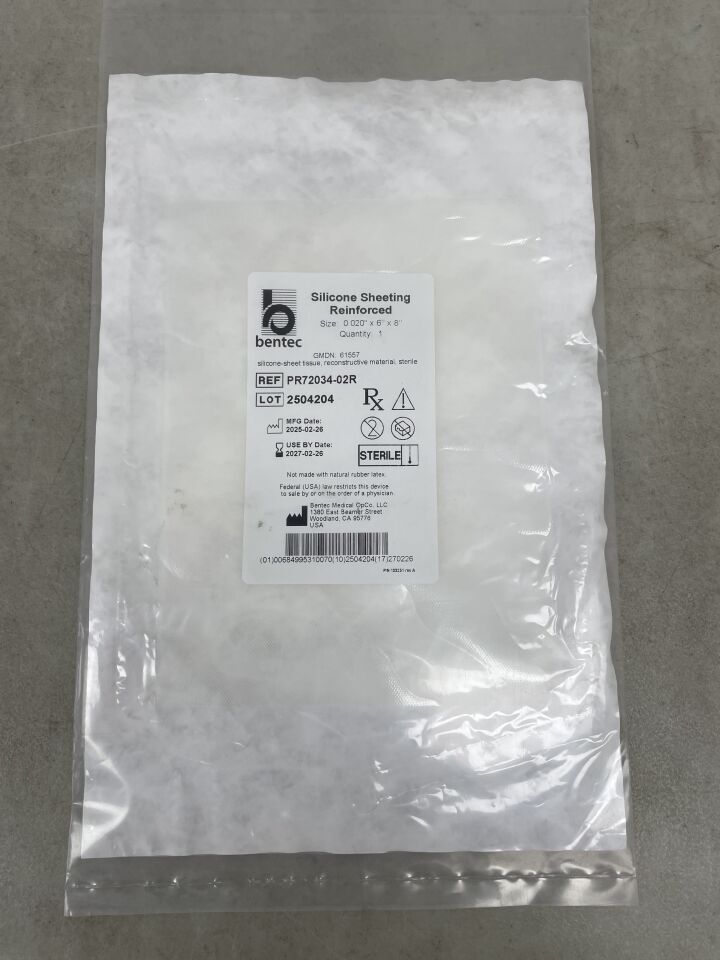 PR72034-02R - BENTEC MEDICAL - Reinforced Medical Grade Silicone Sheeting, 6" x 8", 0.020" thickness, (EA)