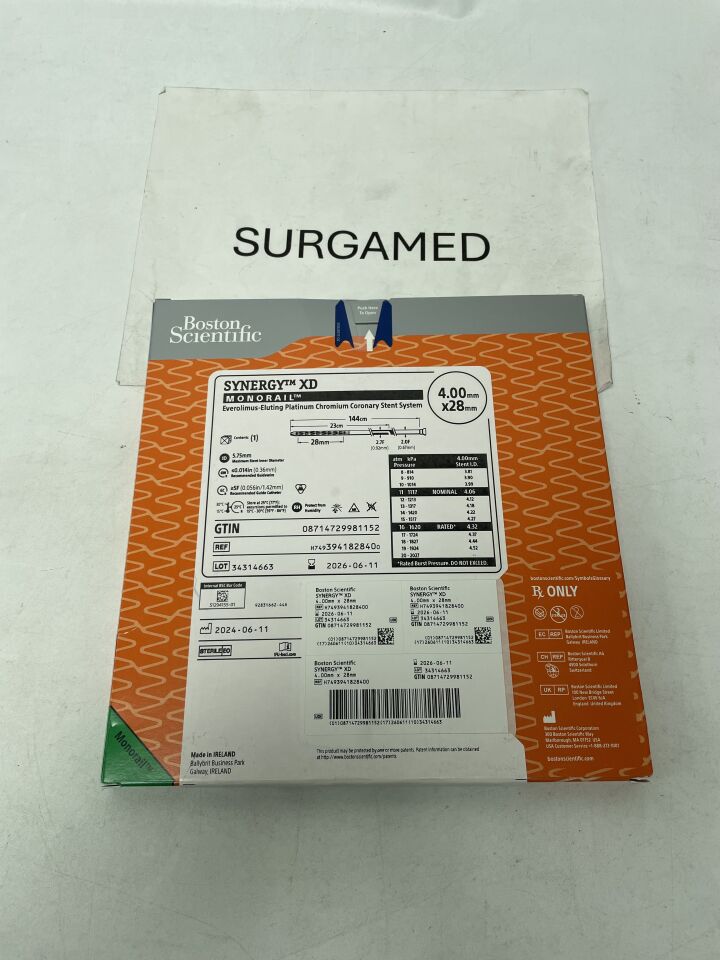 394182840 - BOSTON SCIENTIFIC - SYNERGY XD Everolimus-Eluting Platinum Chromium Coronary Stent System - Monorail - 4.00mm x 28mm - UOM BX/1 - expiration 2026-06-11, (BX/1)