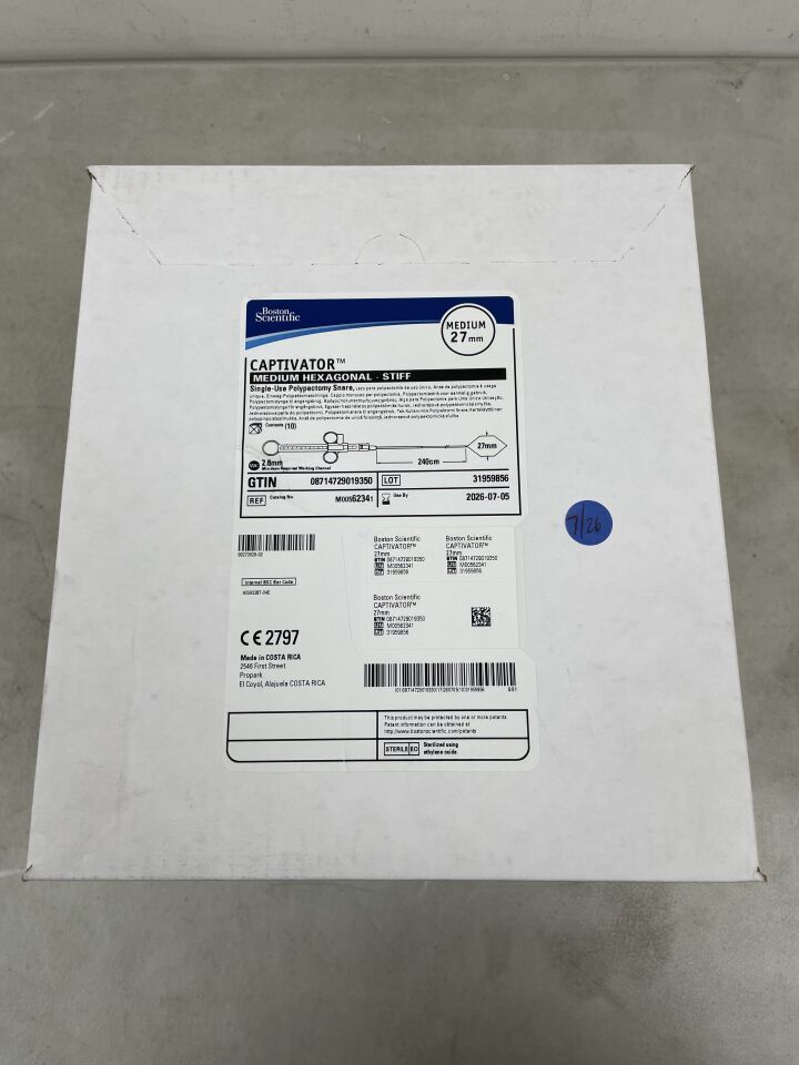 6234 - BOSTON SCIENTIFIC - Captivator Single-Use Polypectomy Snare - Medium Hexagonal/Stiff - 27mm x 240cm, (BX/10)