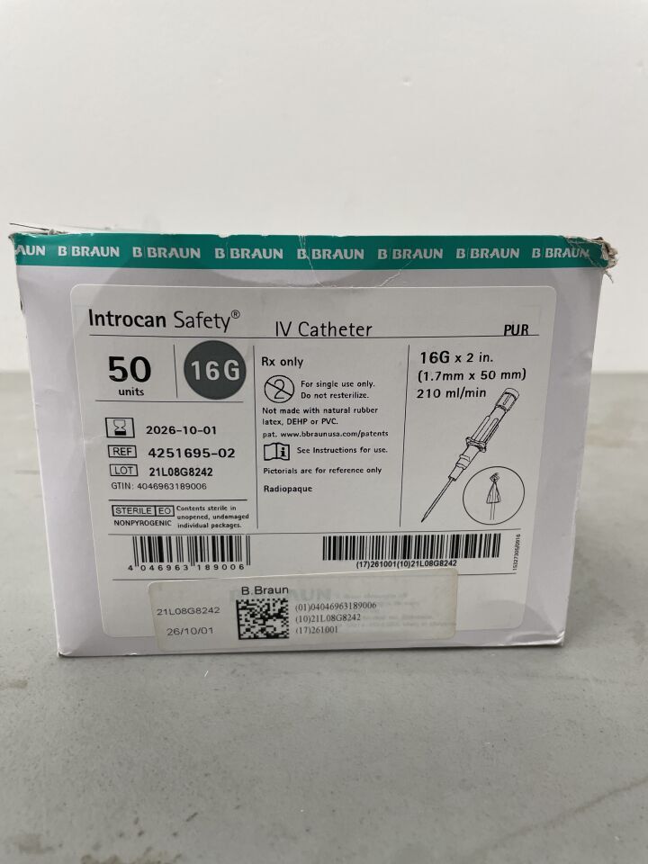 4251695-02 - B BRAUN - Introcan Safety IV Catheter 16G x 2" PUR, (BX/50)