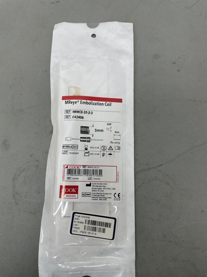 G42406 - COOK - MReye Embolization Coil - IMWCE-35-2-3 - .035" x 2cm x 3mm - UOM EA - expiration 2026-12-08, (EA)