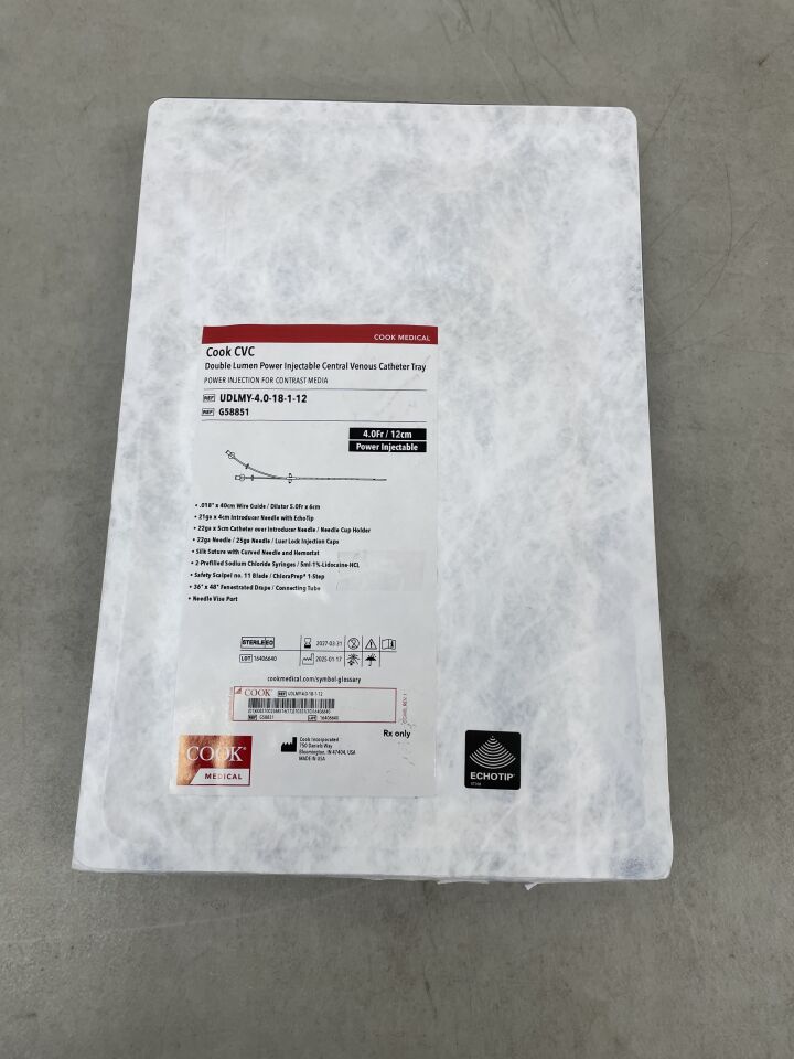 G58851 - COOK - Central Venous Catheter Set and Tray, 4/18Fr x 12cm - UOM EA - expiration 2027-03-31, (EA)
